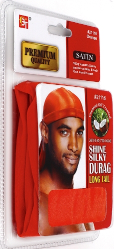PREMIUM QUALITY COCONUT OIL TREATED SHINE SILKY DURAG WITH LONG TAIL (ORANGE) 